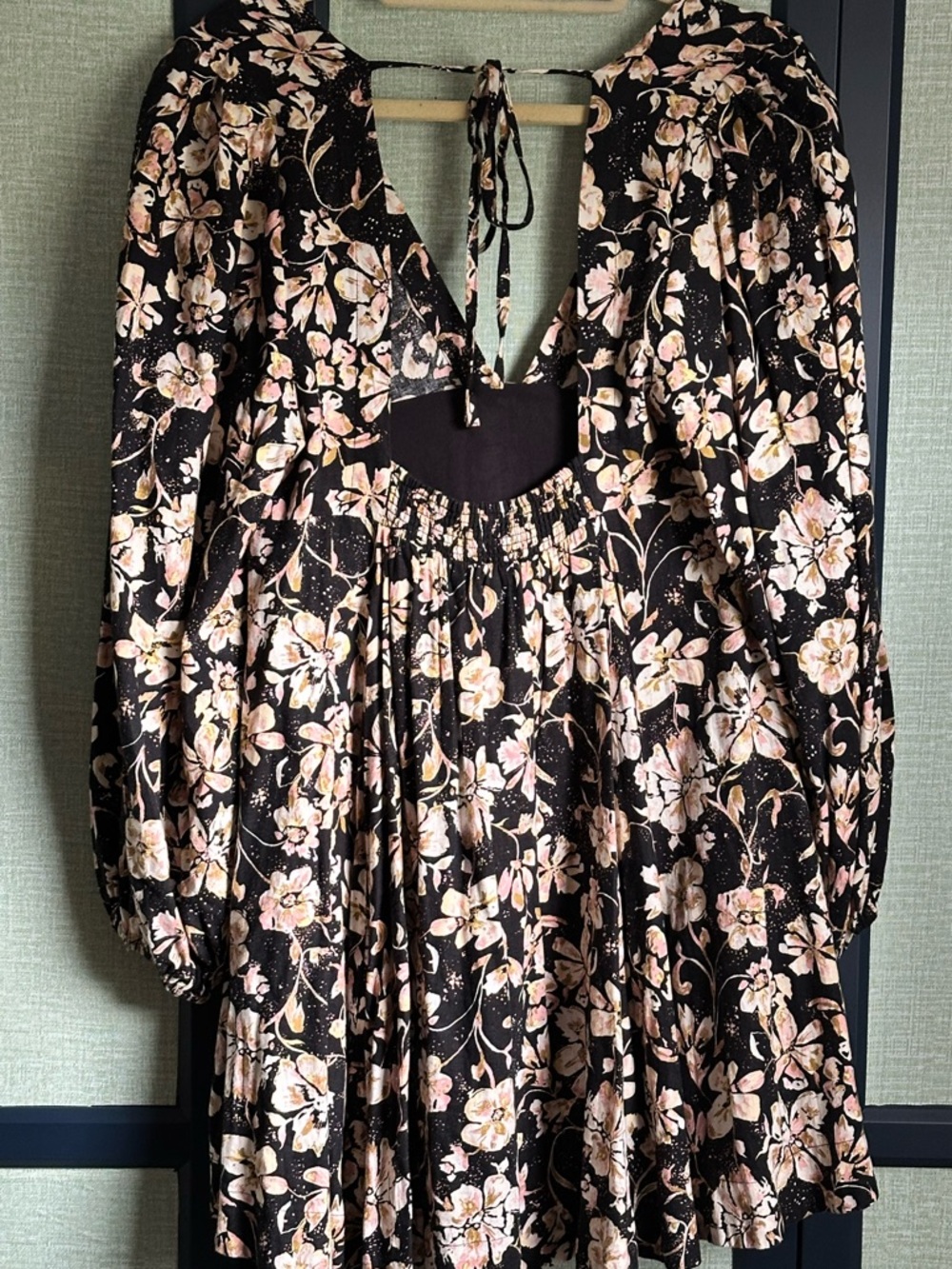 Free People Balloon Sleeve Black + Neutral Floral Print Linen Mini Dress, Size M - Picture 3 of 8